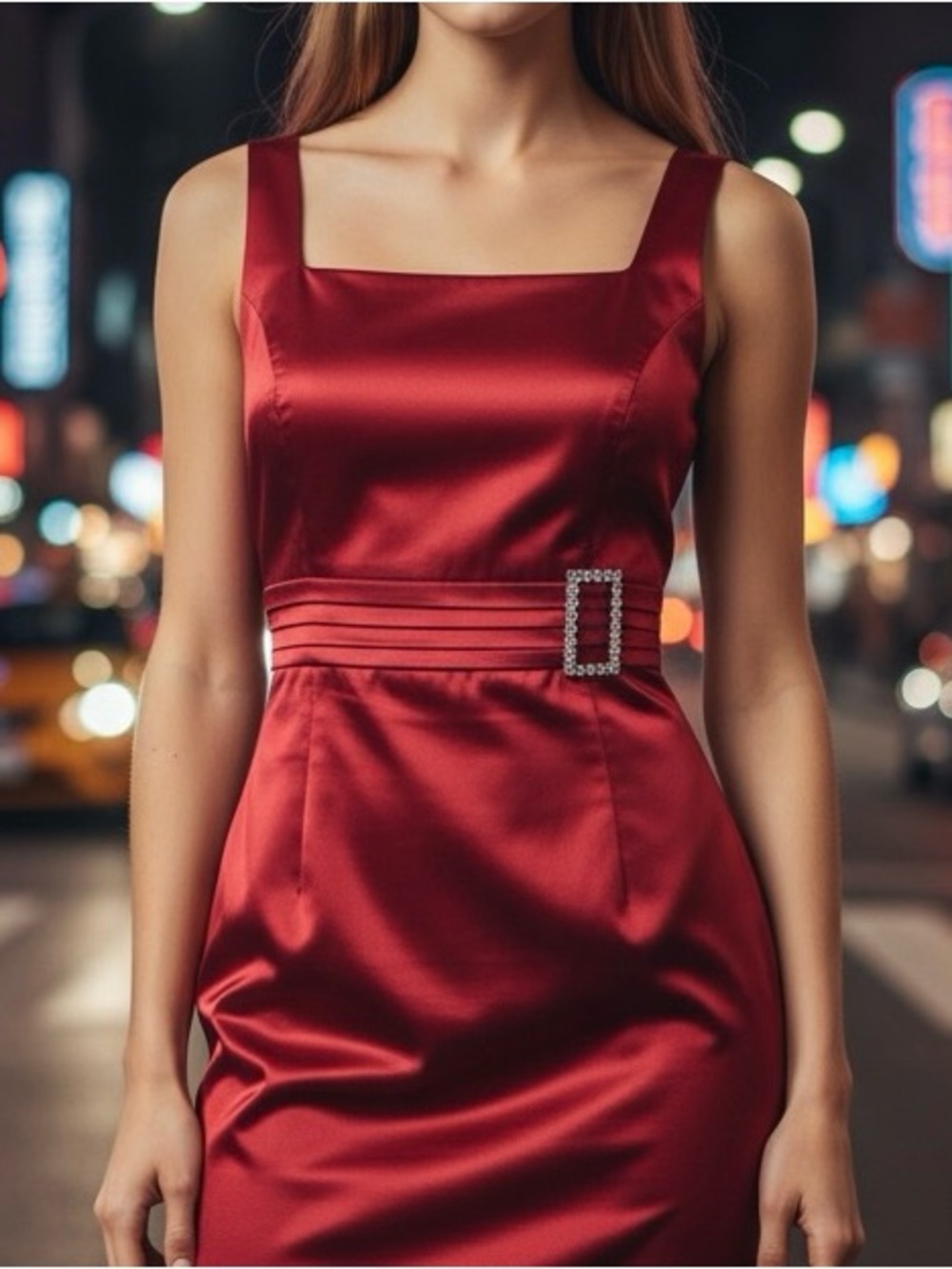 bebe Red Satin Square-Neck Midi Dress with Rhinestone Buckle Vintage Inspired S